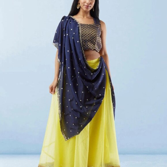 Lemon Yellow Organza Lehenga with Silk Choli | Muvvas Boutique - Picture 2 of 5
